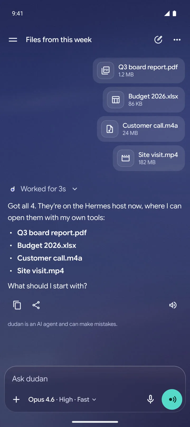 A PDF, a spreadsheet, a recording and a 182 MB video sent in one message, and the agent confirming it has all four on the Hermes host.