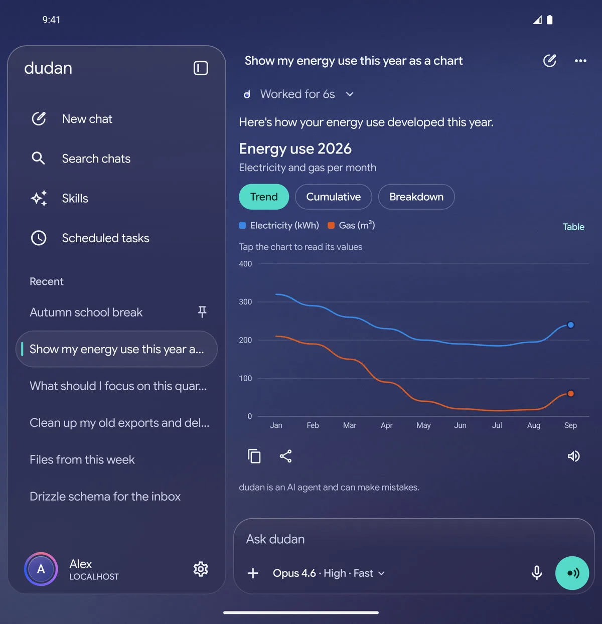 On a foldable's inner screen, the chat list sits next to a chat with a line chart of energy use.