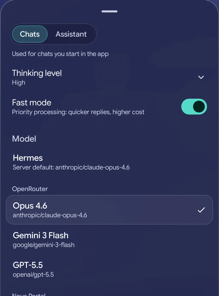 The model picker, with tabs for chats and the assistant, a thinking level, a fast mode switch and a list of models from the Hermes server.